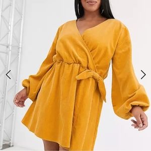 ASOS Corduroy Yellow Dress with Volume Sleeve